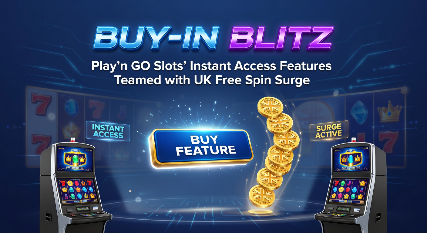 Dynamic screenshot of a UK casino dashboard displaying Play'n GO Buy-In Blitz promotions alongside free spins counters, with glowing buttons and surging spin tallies