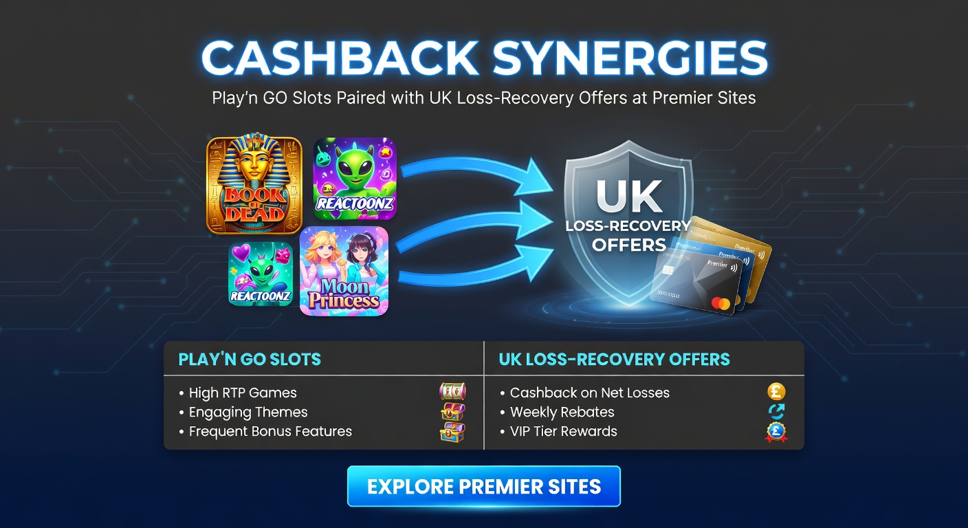 Screenshot of a UK casino dashboard displaying Play'n GO cashback credits next to popular slot thumbnails, with recovery stats highlighted