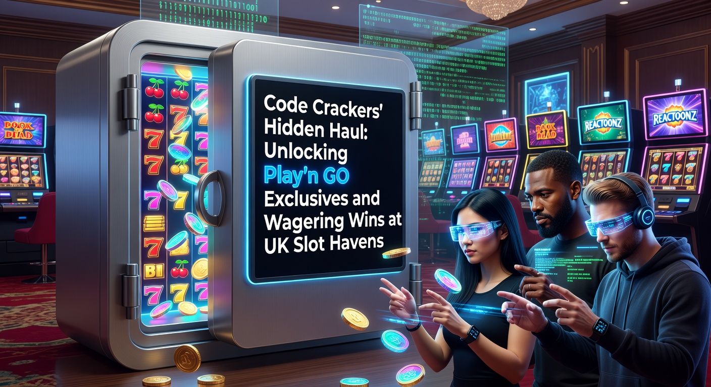 Digital vault cracking open to reveal glowing Play'n GO slot treasures and code fragments in a UK casino backdrop