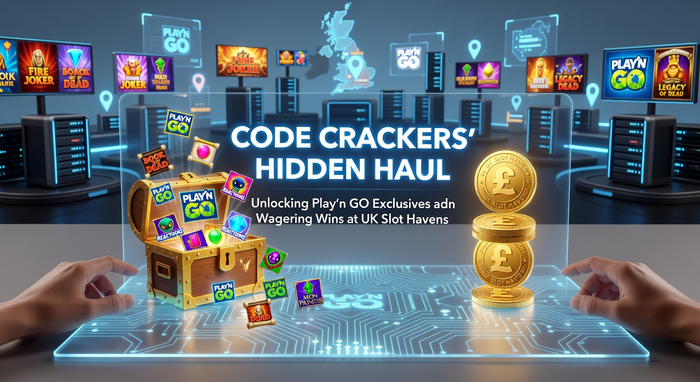 Close-up of encrypted promo codes morphing into Play'n GO slot wins, with wagering meters filling up against a neon UK casino skyline