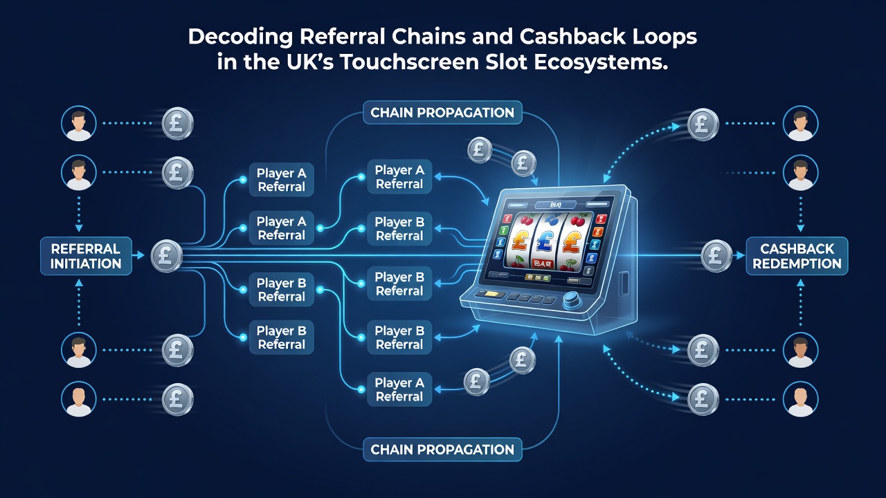 Diagram showing cashback loop progression and referral chain expansion on mobile devices