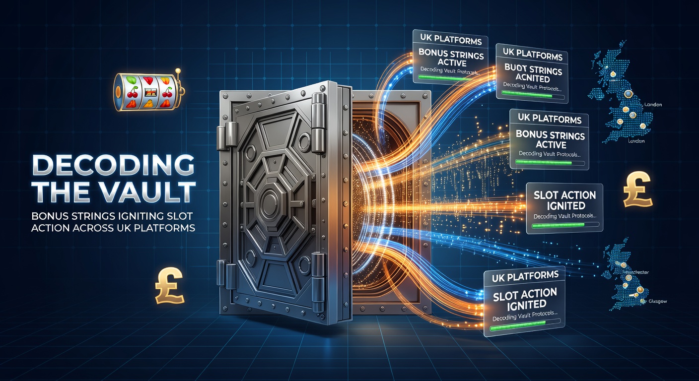 Animated slot reels bursting with golden bonus strings and vault doors opening, amidst UK casino logos and promo banners