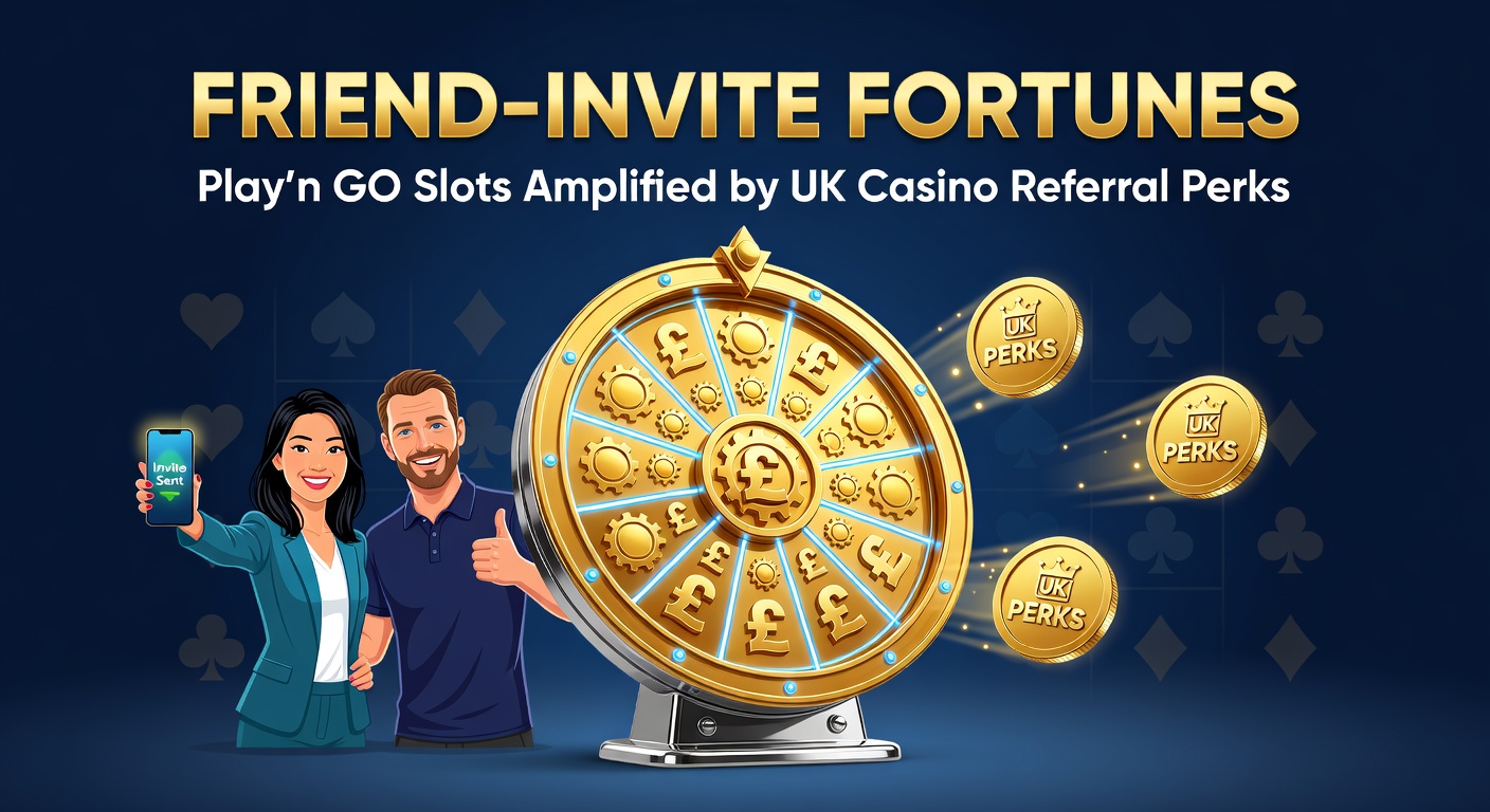 Dynamic screenshot of a referral dashboard showing Play'n GO slot bonuses unlocked for both referrer and friend, with glowing reward notifications