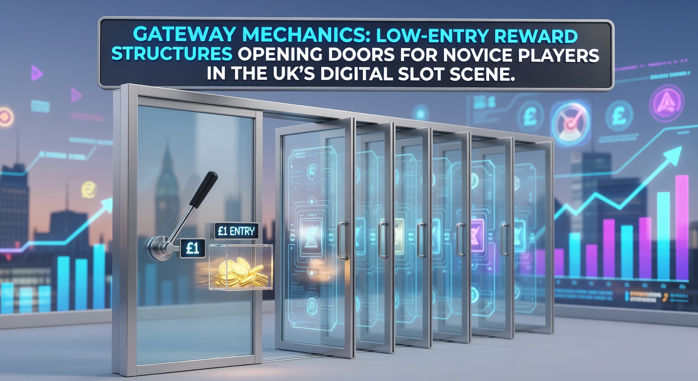 Illustration of low-entry reward gateways in UK digital slots with novice players accessing platforms