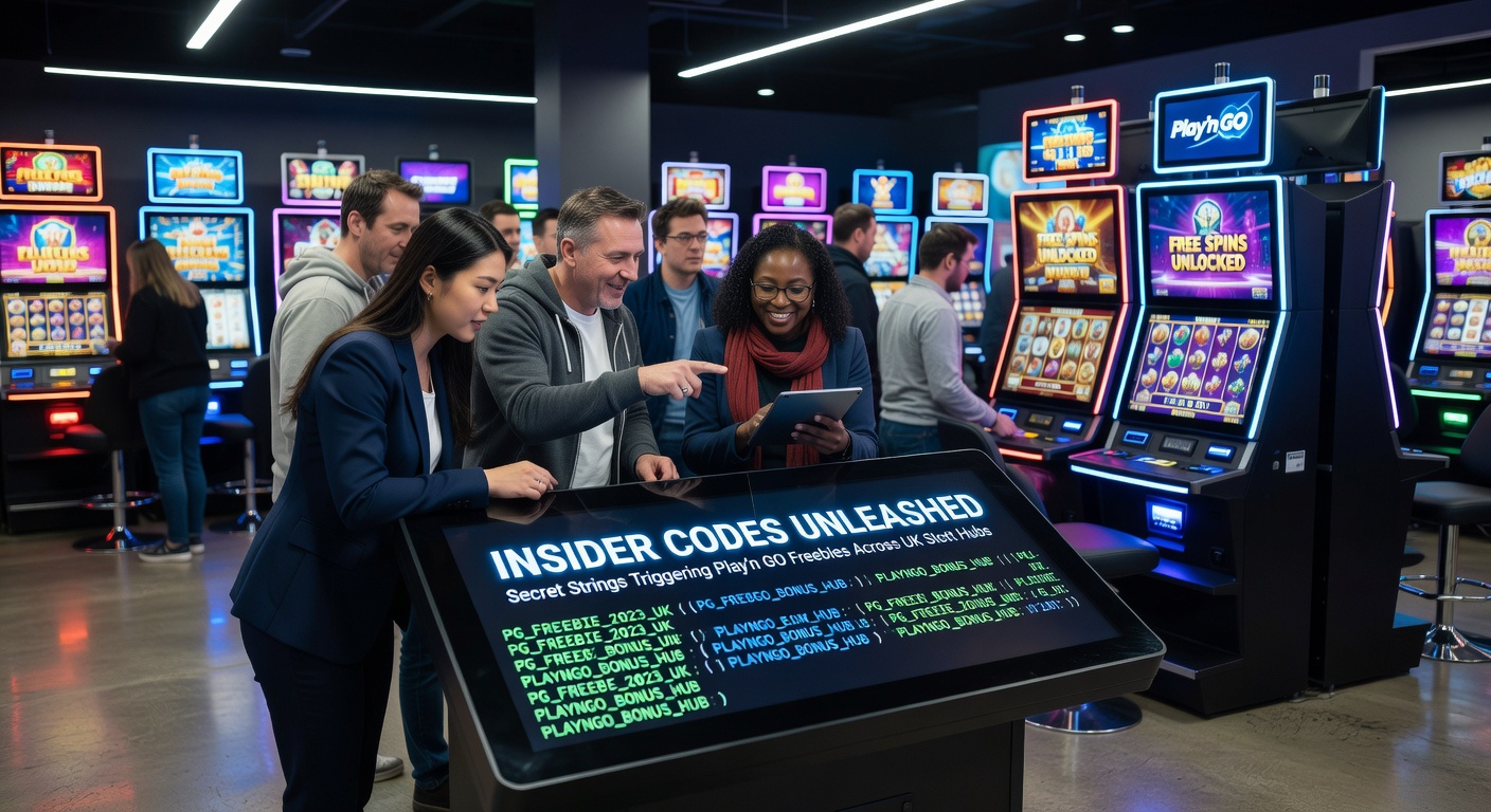 Close-up of a smartphone screen displaying a Play'n GO slot interface with a promo code entry field highlighted, free spins icons bursting forth