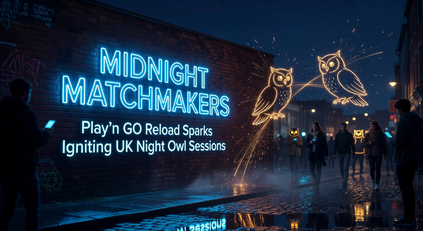 Vibrant Play'n GO slot reels glowing under a starry night sky, symbolizing late-night gaming action in UK casinos