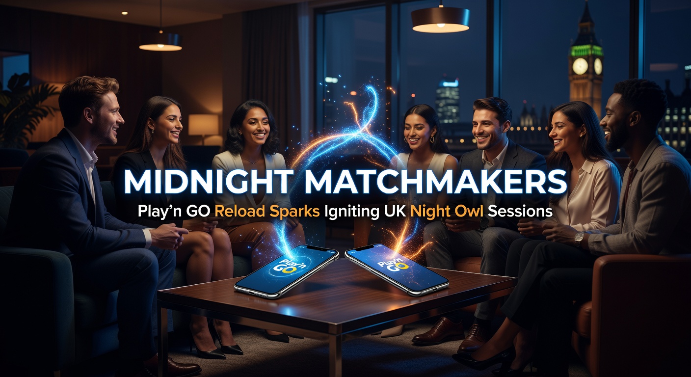 Clock striking midnight with exploding Play'n GO bonus sparks over a UK city skyline, capturing the essence of night owl reload excitement