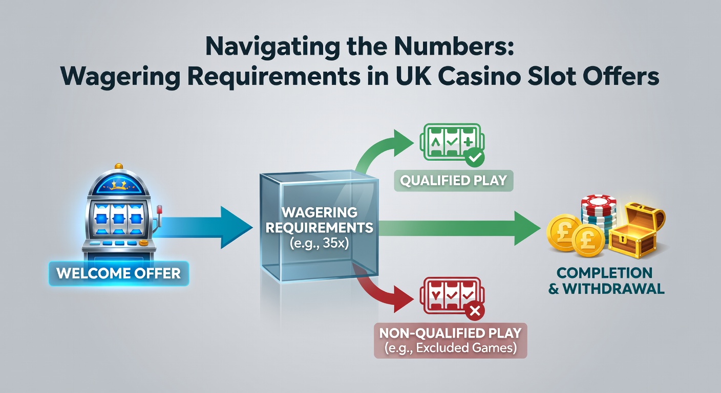Infographic showing wagering requirement calculation flowchart for UK slot bonuses, with examples and contribution percentages
