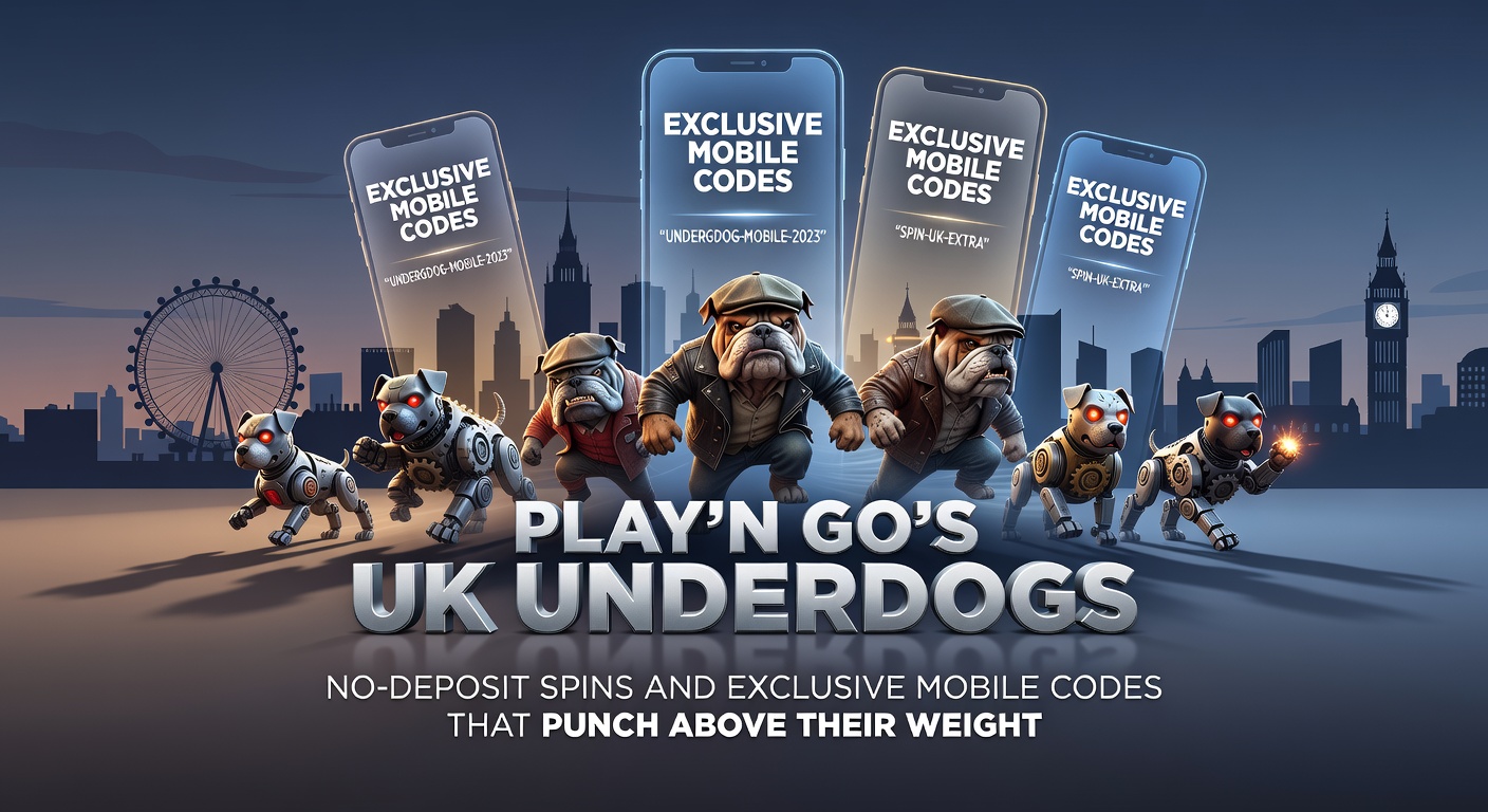 Mobile phone displaying an exclusive Play'n GO promo code activation screen on a UK underdog casino app, with slot reels spinning in the background