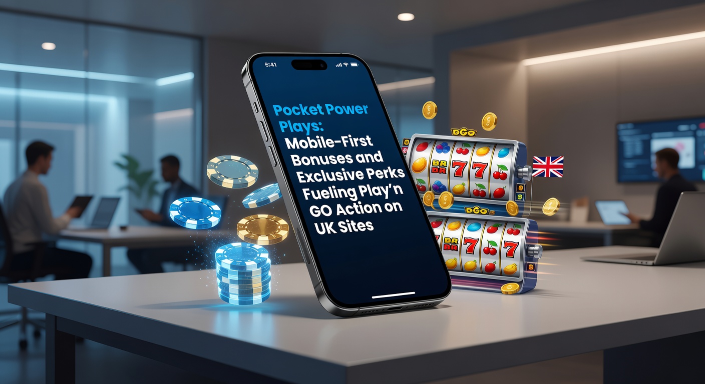 Close-up of hands holding a phone, spinning Play'n GO reels with overlay graphics showing bonus perks and exclusive mobile rewards