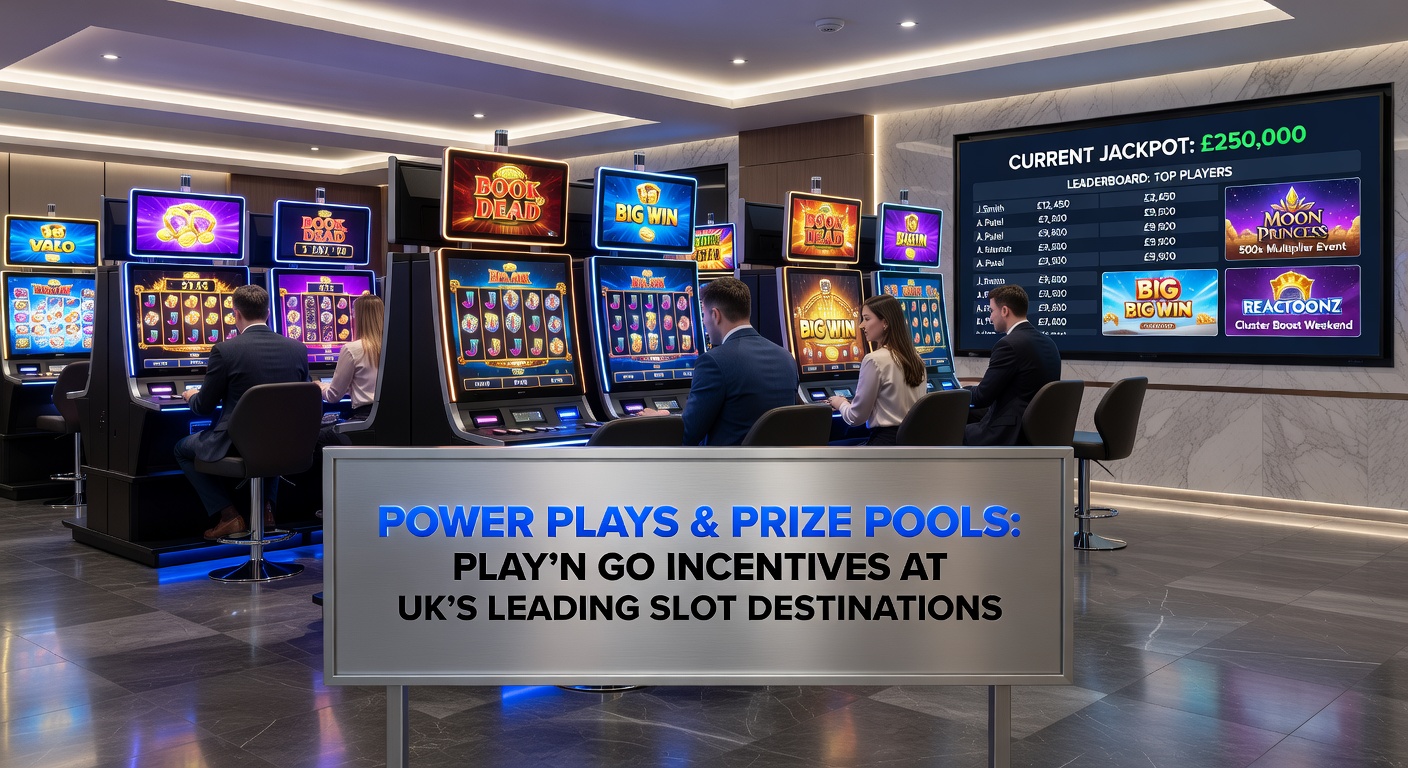 Dynamic screenshot of a Play'n GO prize pool tournament in progress on a UK slot site, showing real-time leaderboards, ticking prize counters, and power play notifications exploding on screen