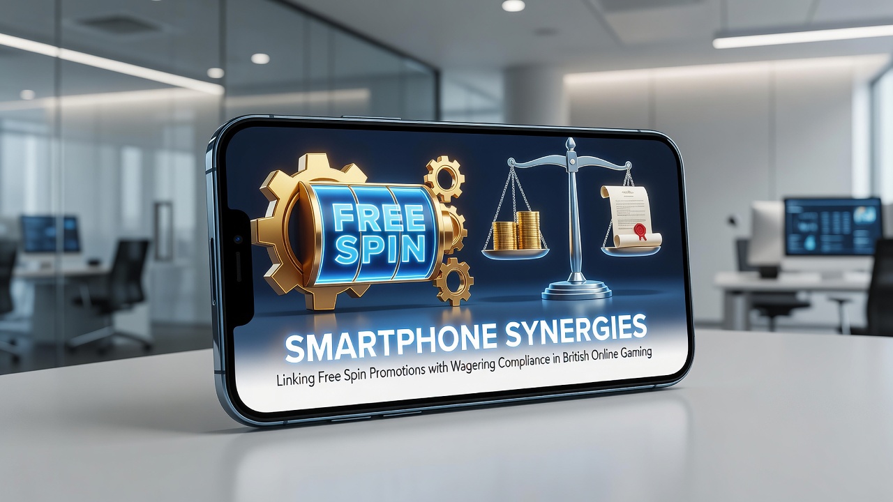Smartphone screen showing free spin promotions integrated with wagering compliance tools in a British online gaming app
