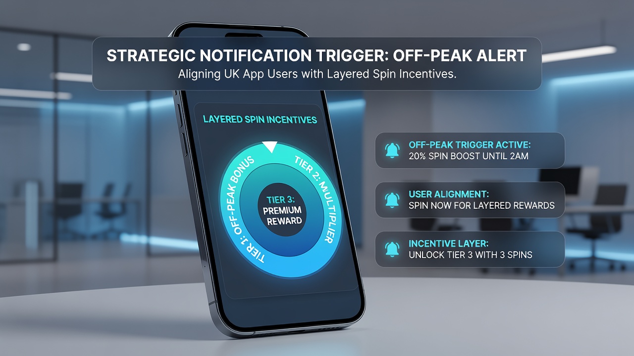 Example interface of a UK slot app displaying progressive spin incentive layers activated via off-peak notification