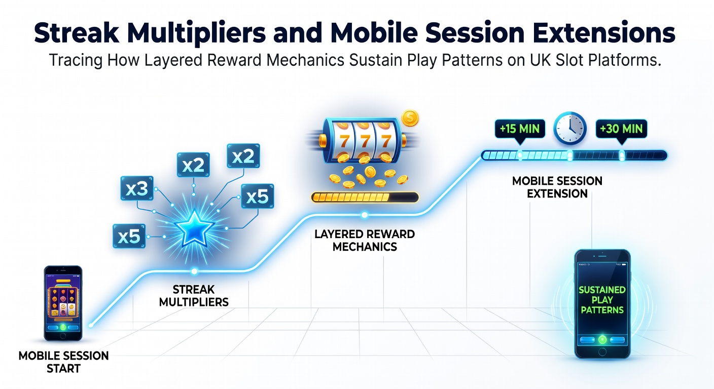Mobile slot interface showing streak multiplier progress bar and session timer on a UK gaming app