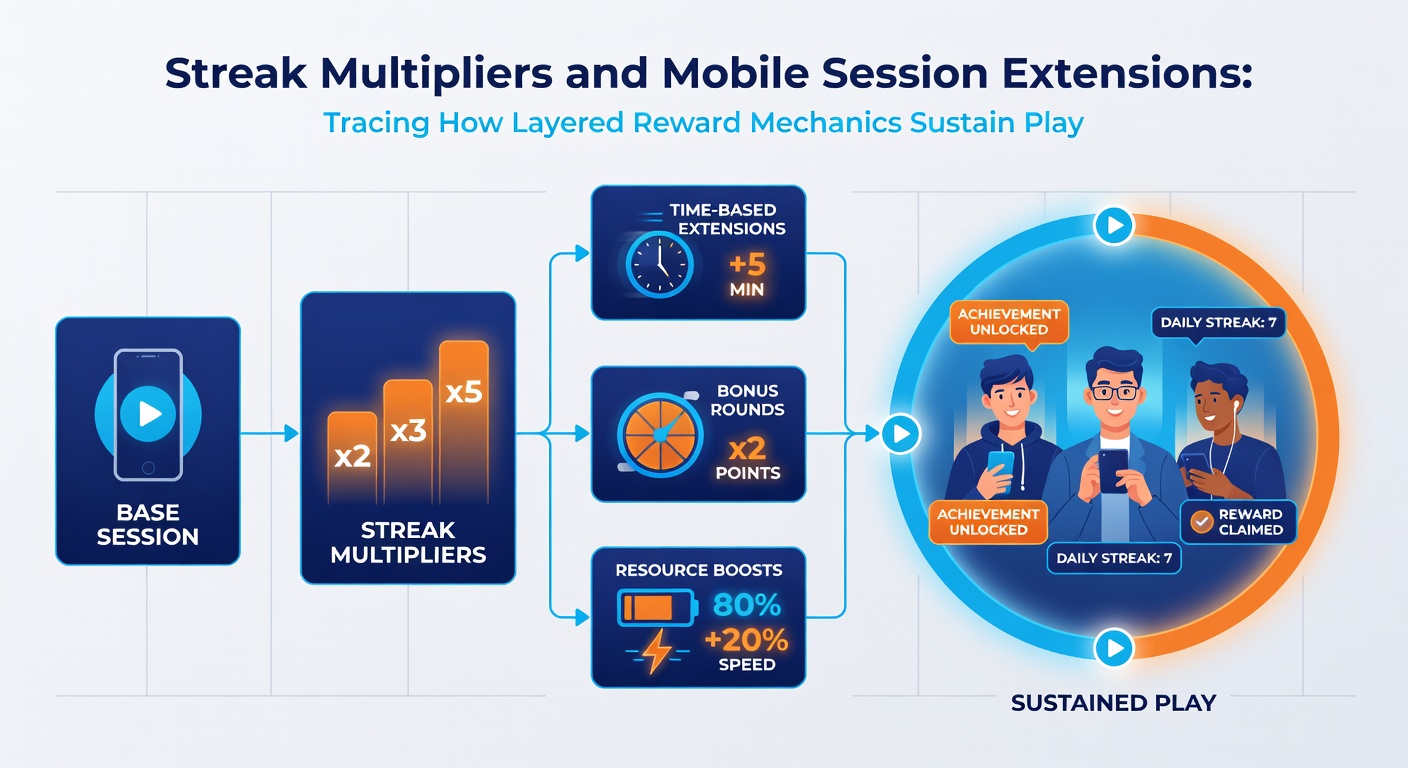 Illustration of layered reward progression with streak counter, cashback meter and mobile notification prompts