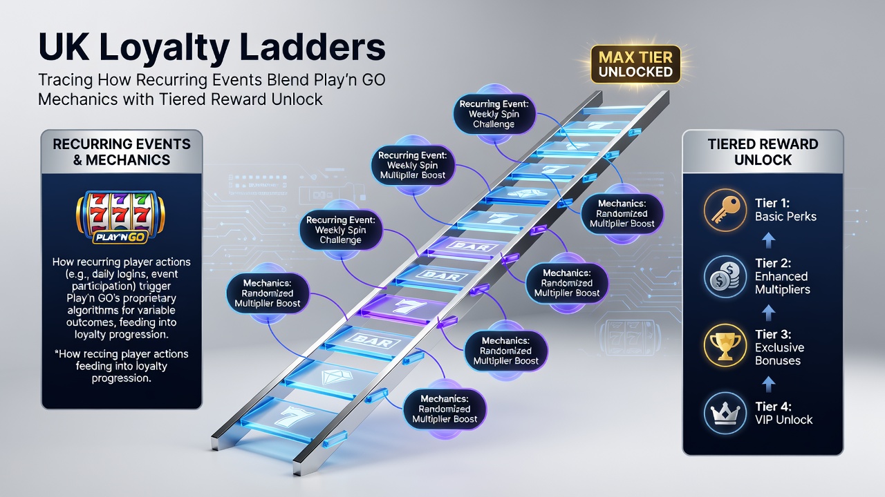 Infographic showing loyalty tier progression linked to Play'n GO recurring events on smartphone
