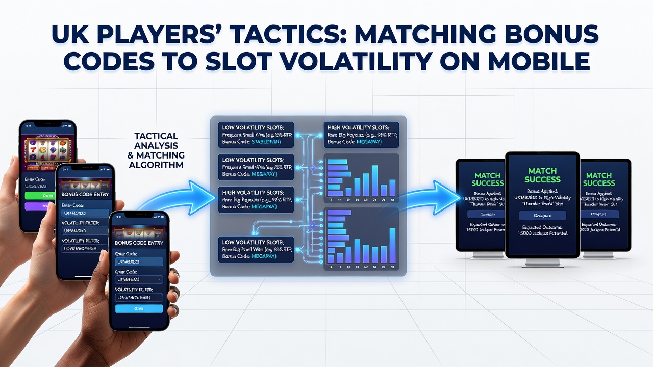 Mobile interface showing bonus code activation next to volatility filters in a UK slot app