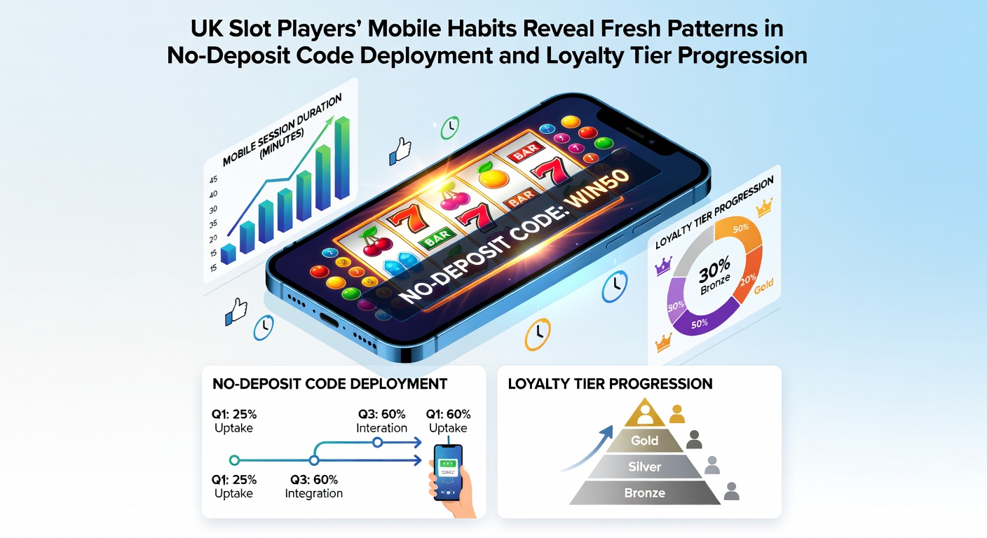 UK slot players engaging with mobile devices displaying patterns in no-deposit code deployment and loyalty tier progression